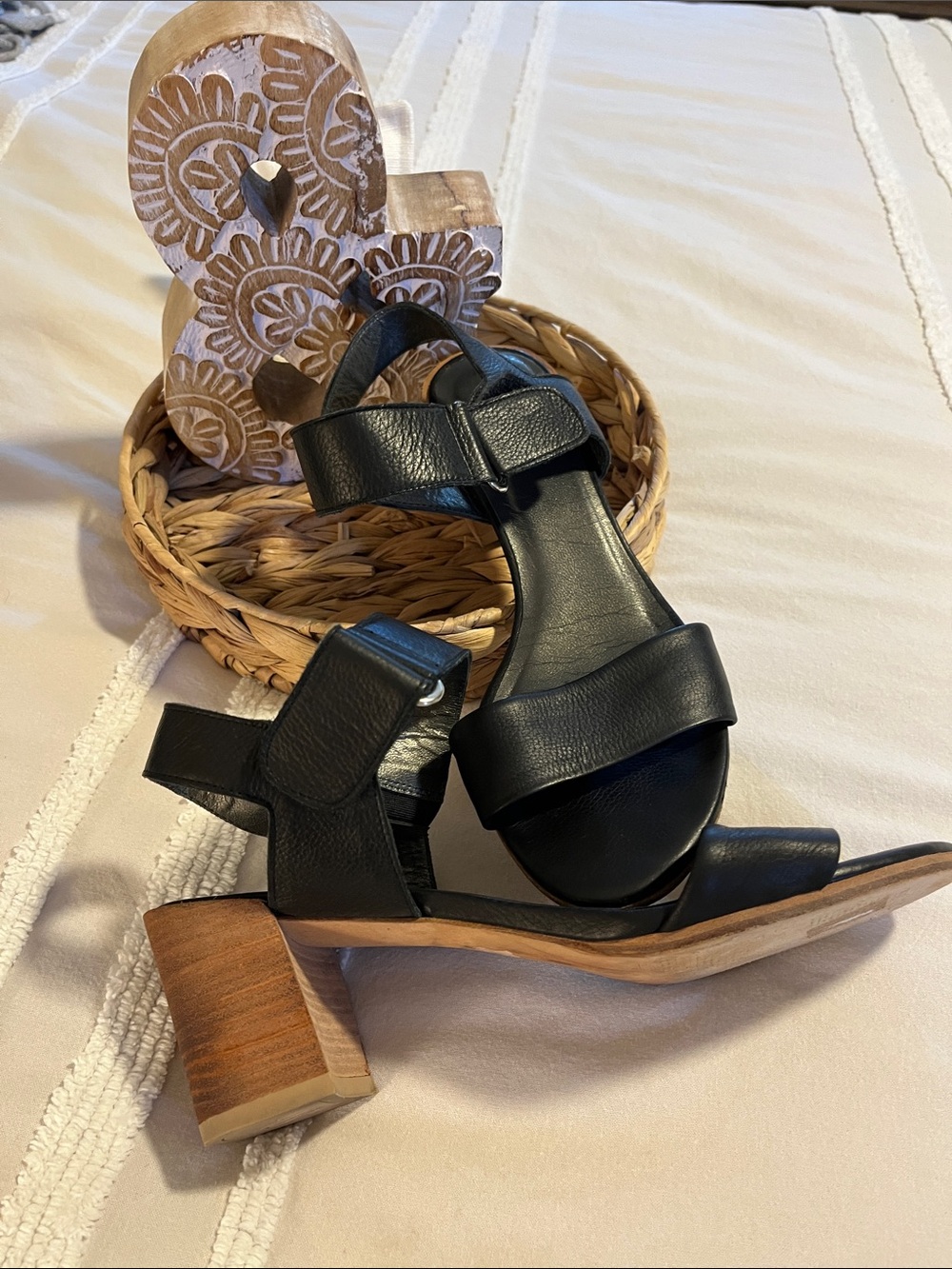 Stuart Weitzman Black Leather Block Heel Sandals